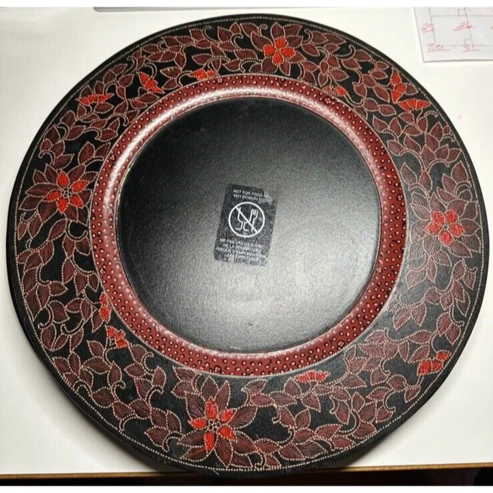Pier 1 Large Round 13 inch 3 Decorative Wooden Charger Plates Red Black Floral